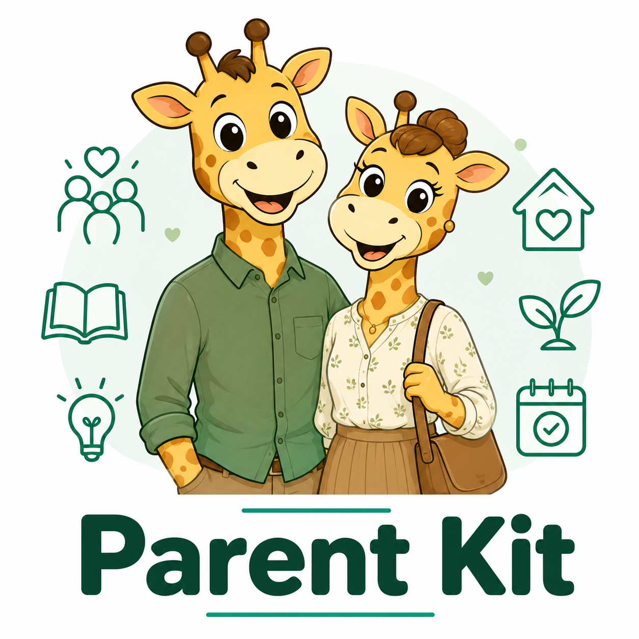 Two smiling cartoon giraffe parents dressed in casual everyday clothing stand side by side, representing families and parental support. They are surrounded by simple green icons symbolising family, learning, home, growth, and planning. The bold title "Parent Kit" appears below on a clean white background with a soft green backdrop, creating a warm and welcoming design for parents.